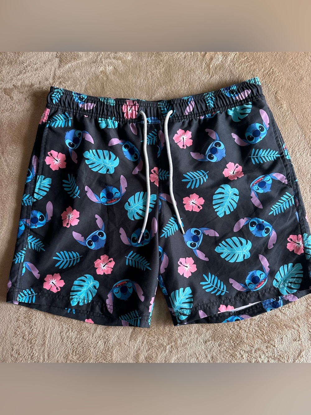 Disney Stitch Men's Swim Trunks Stitch Tropical Print Black Multi Lined Medium